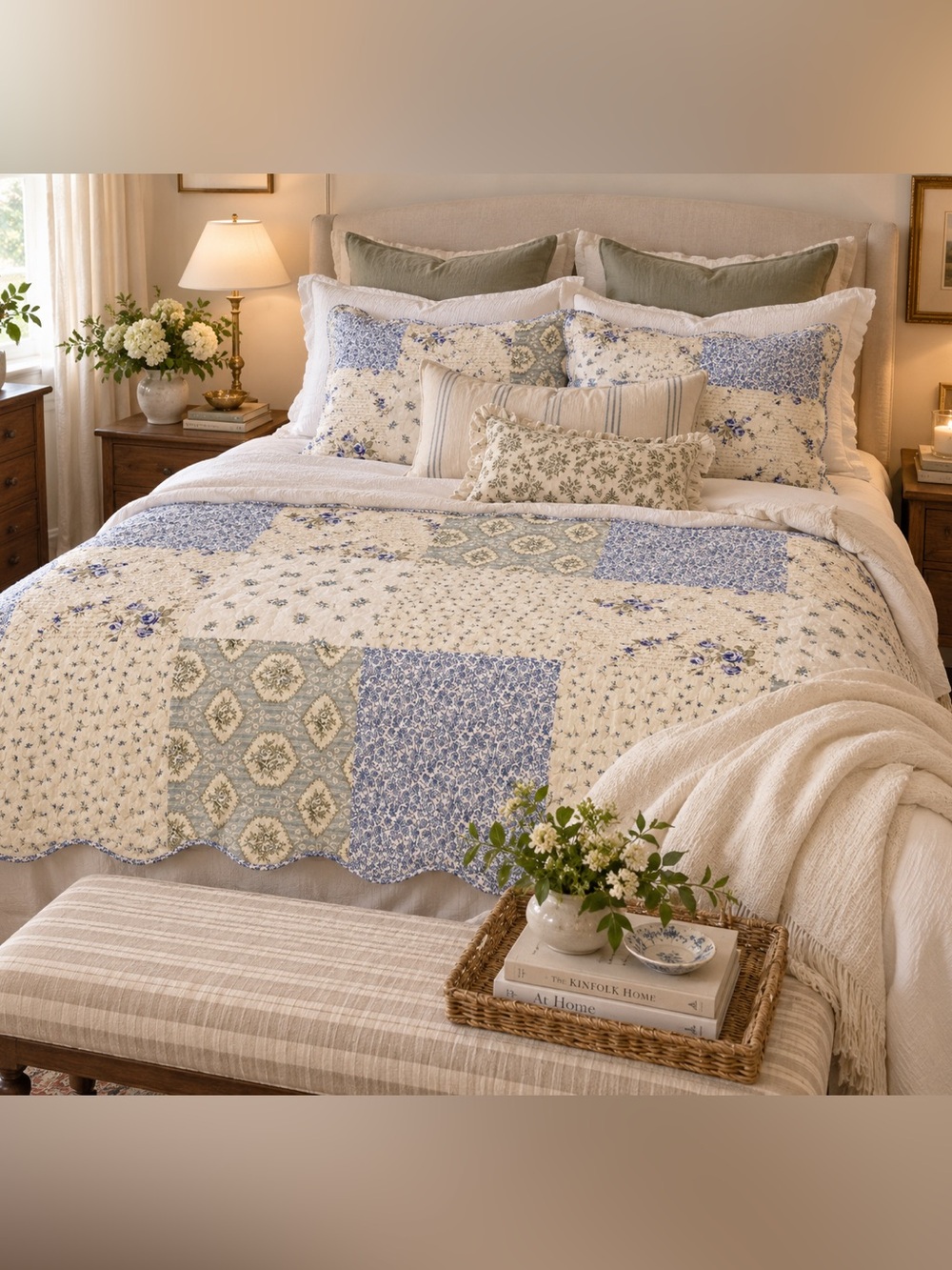 Queen Patchwork Quilt Blue Cream Floral Cottagecore Scalloped Bedspread